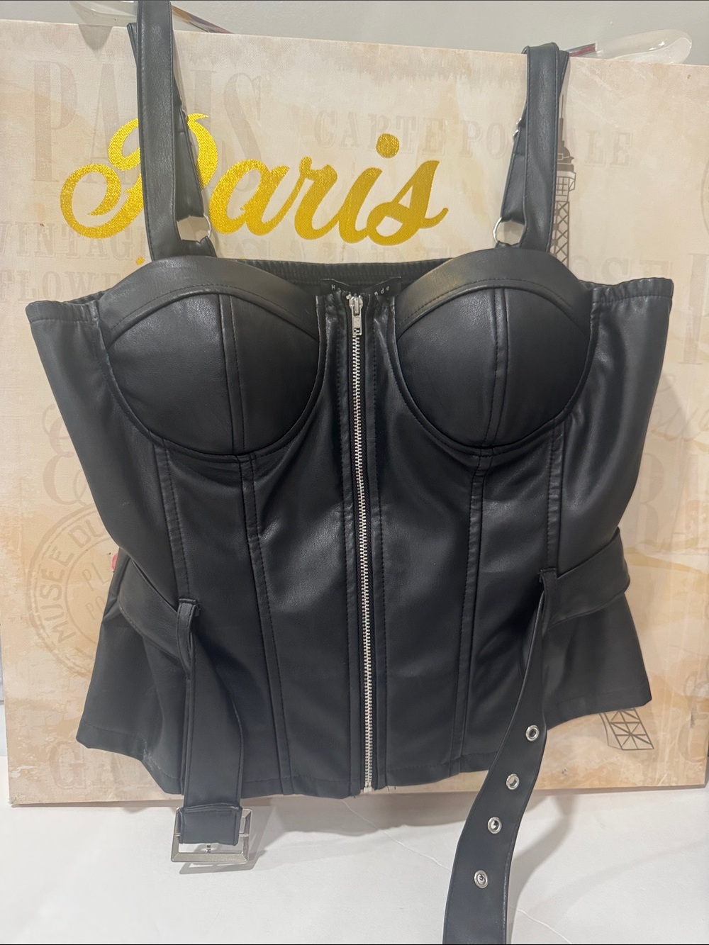 Black Faux Leather Bustier Corset Top with Front Zip